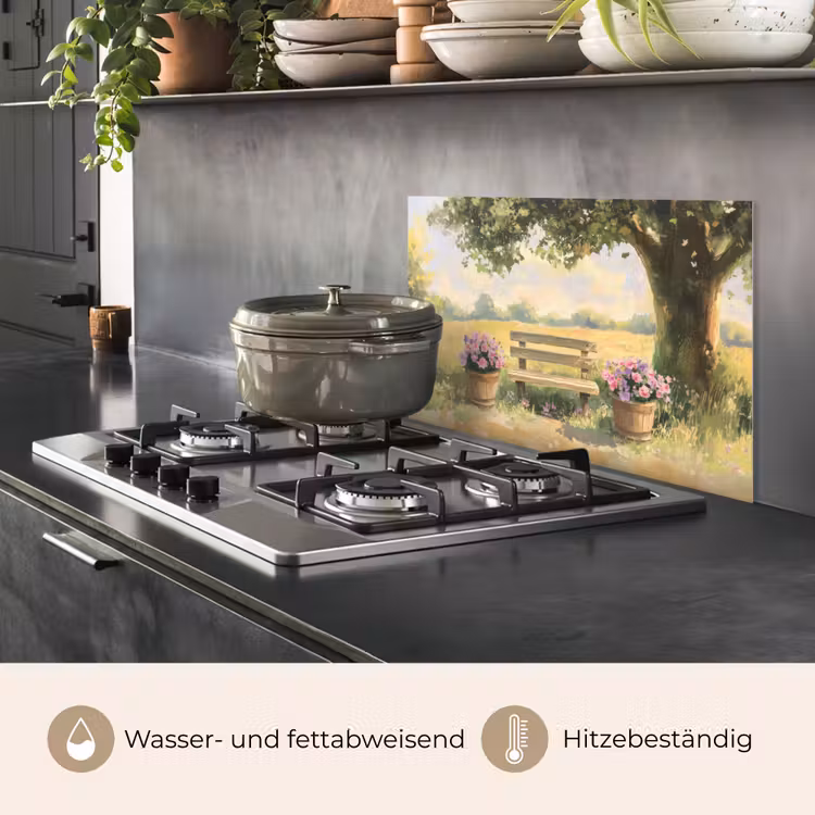 Spritzschutz Küche - Holzbank - Blumentöpfe - Landschaft — 2