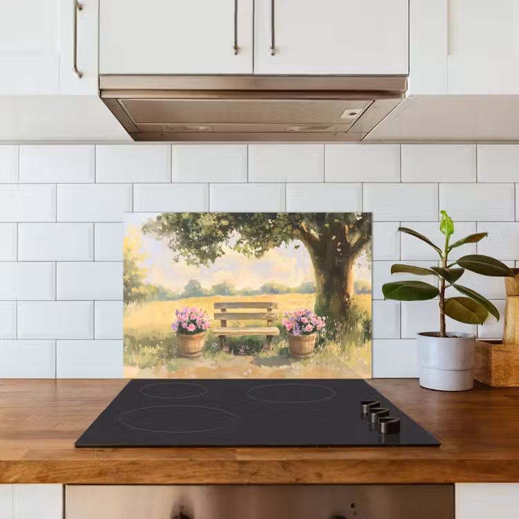 Spritzschutz Küche - Holzbank - Blumentöpfe - Landschaft — 3