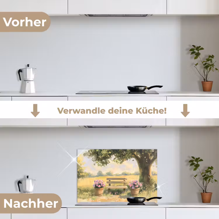 Spritzschutz Küche - Holzbank - Blumentöpfe - Landschaft — 7