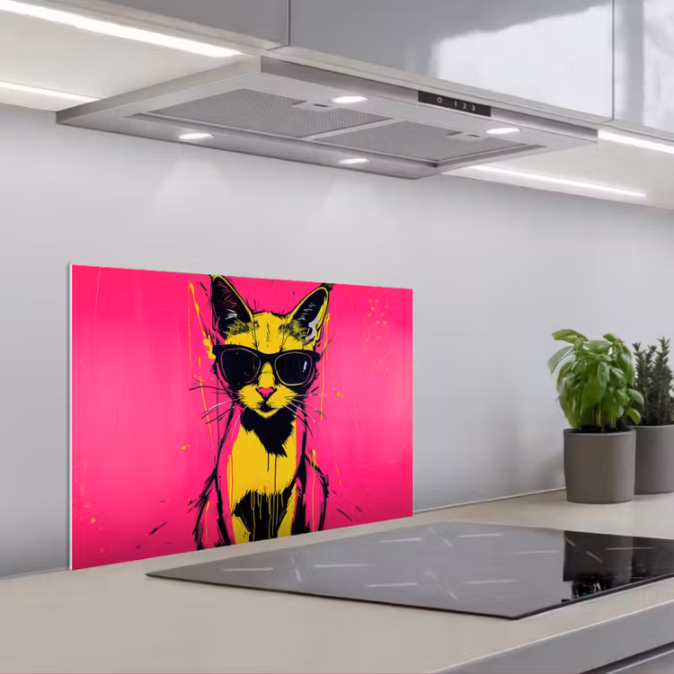 Spritzschutz Küche - Katze - Kunst - Sonnenbrille - Rosa — 1