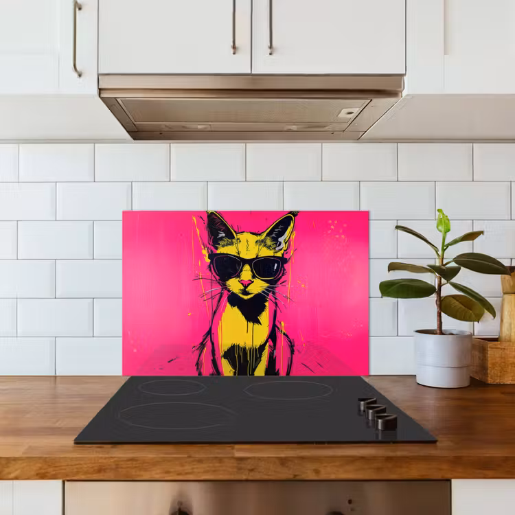 Spritzschutz Küche - Katze - Kunst - Sonnenbrille - Rosa — 3