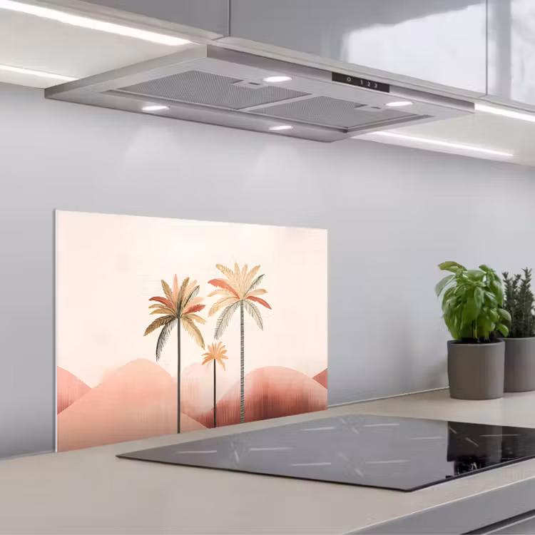 Spritzschutz Küche - Palmen - Hügel - Minimalistisch - Zartrosa — 1