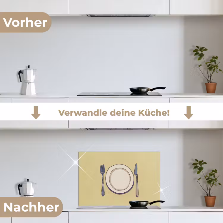 Spritzschutz Küche - Illustration - Teller - Besteck - Beige — 7