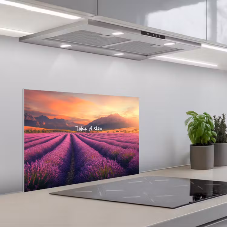 Spritzschutz Küche - Lavendelfeld - Zitat - Sonnenuntergang — 1