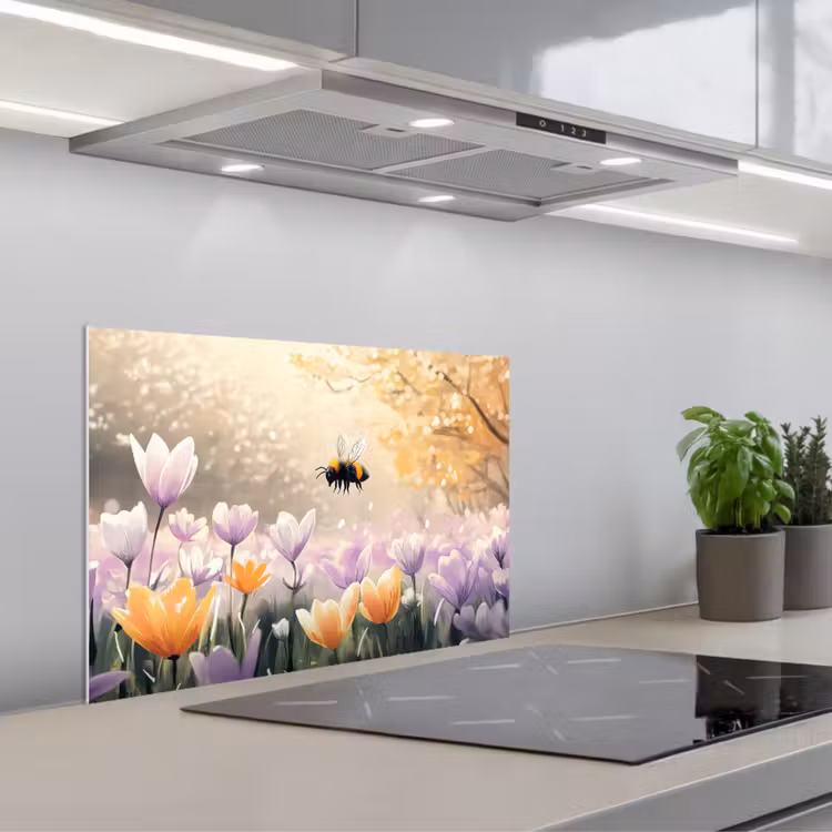Spritzschutz Küche - Veilchen - Biene - Sonnenlicht — 1