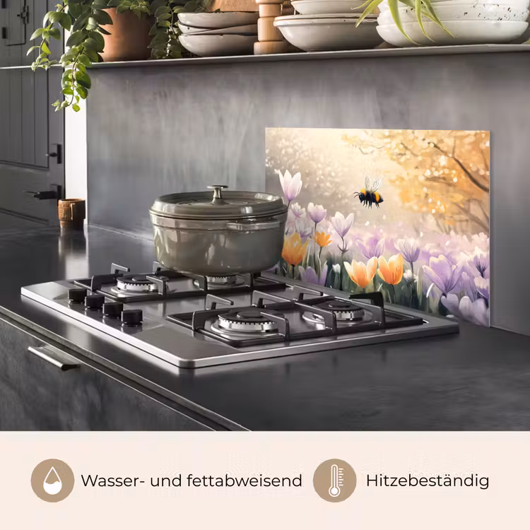 Spritzschutz Küche - Veilchen - Biene - Sonnenlicht — 2