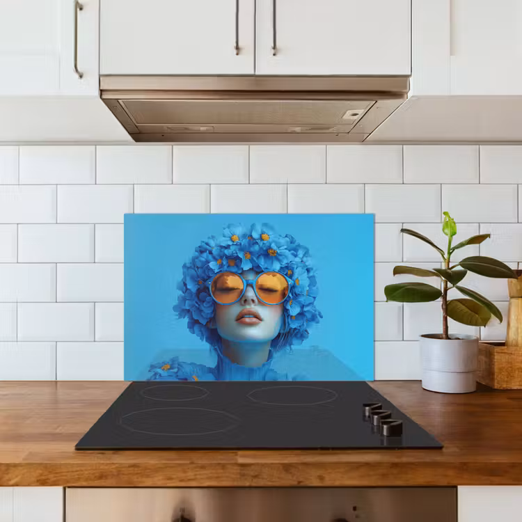 Spritzschutz Küche - Frau - Blume - Blau - Modern - Brille - Porträt — 3