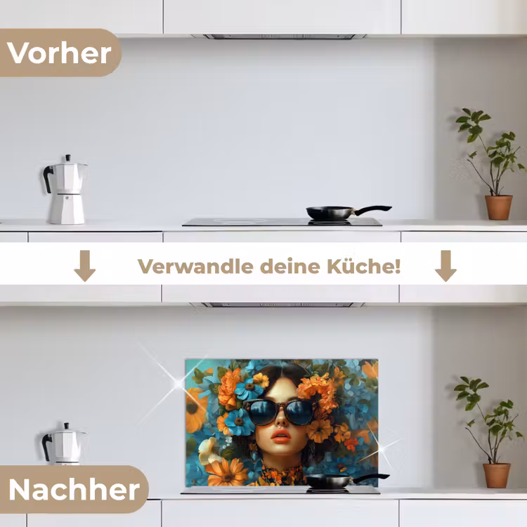 Spritzschutz Küche - Frau - Blumen - Orange - Blau - Modern — 7