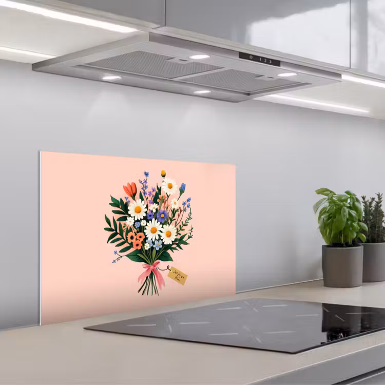 Spritzschutz Küche - Gänseblümchen - Blumenstrauß - Schleife - Rosa — 1