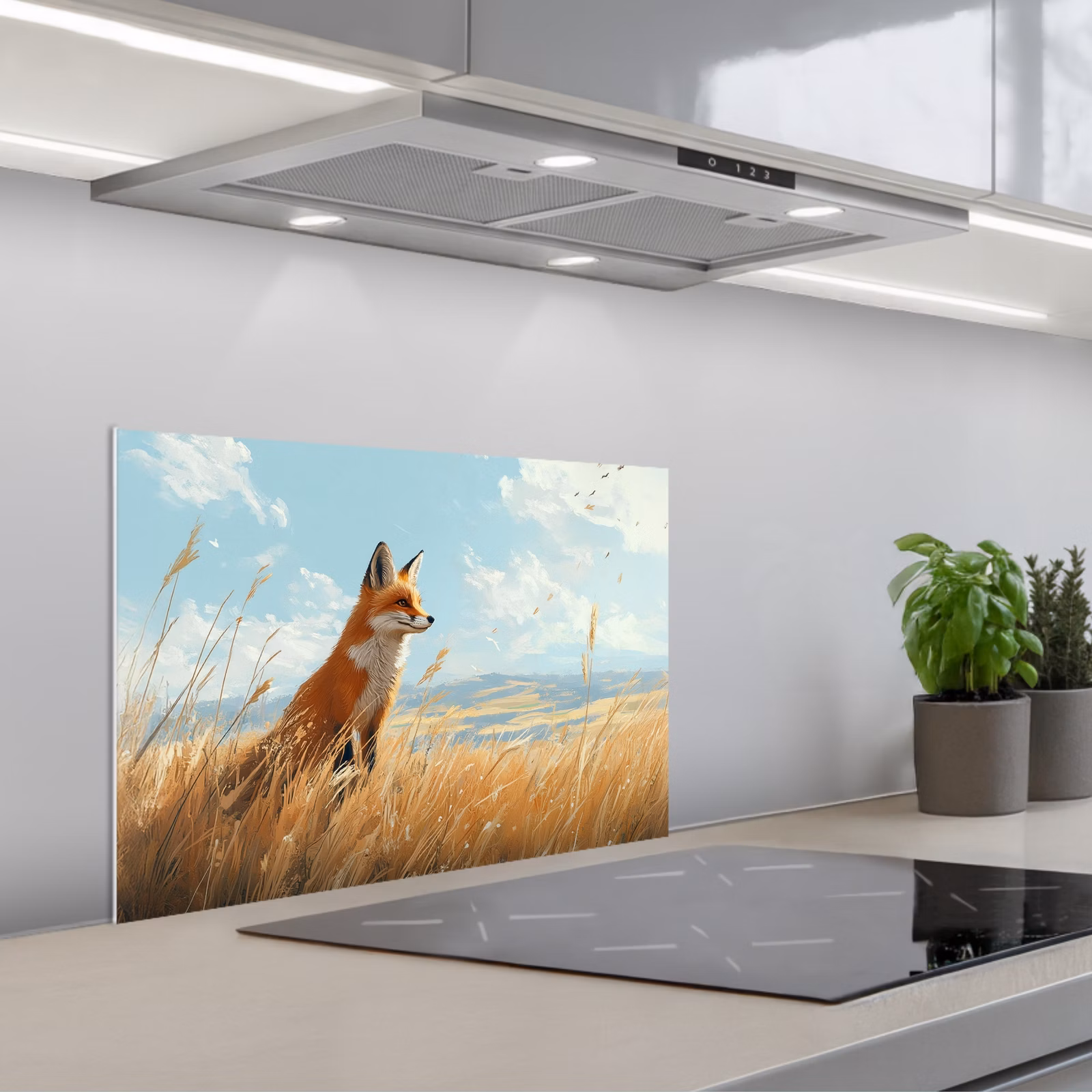 Spritzschutz Küche - Fuchs - Gras - Wolken - Orange — 1