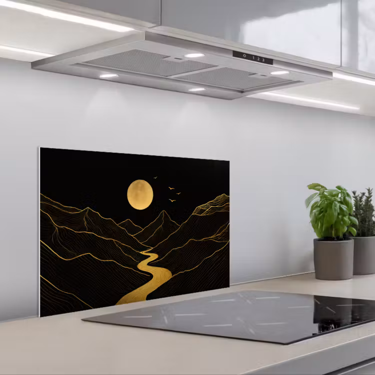 Spritzschutz Küche - Fluss - Gold - Mond - Vögel — 1