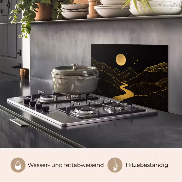 Spritzschutz Küche - Fluss - Gold - Mond - Vögel — 2