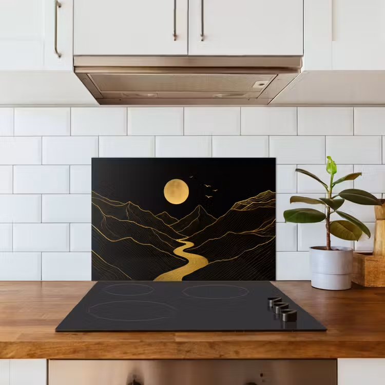 Spritzschutz Küche - Fluss - Gold - Mond - Vögel — 3
