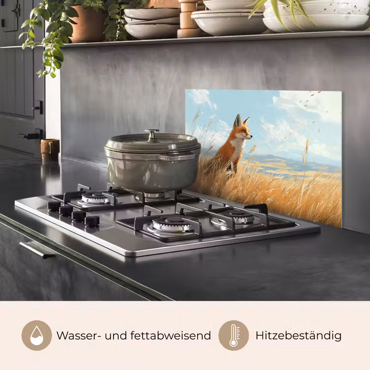Spritzschutz Küche - Fuchs - Gras - Wolken - Orange — 2