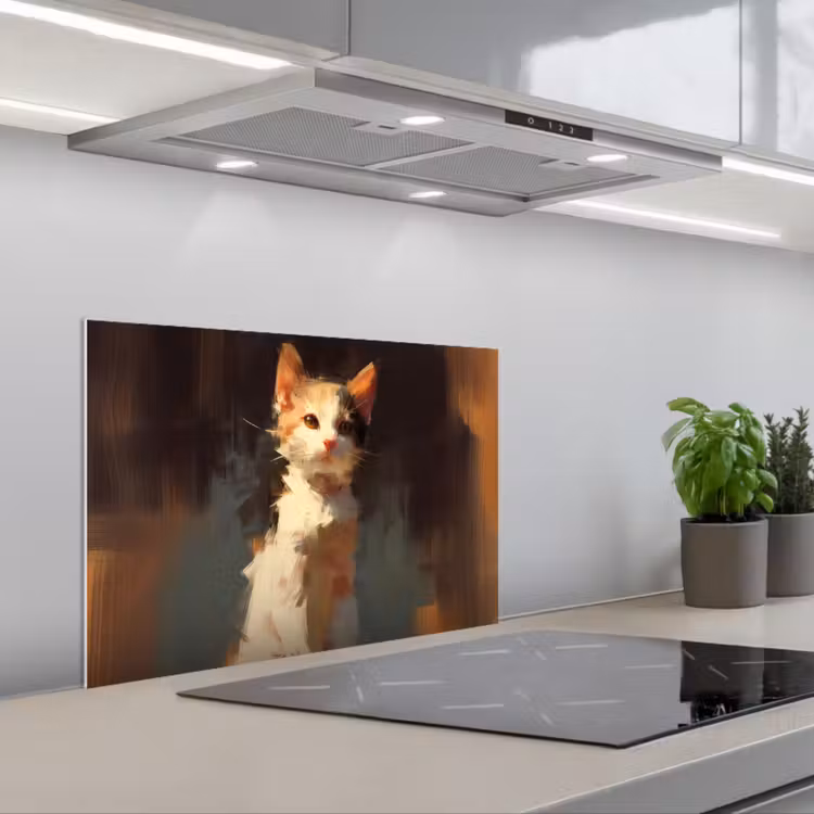 Spritzschutz Küche - Katze - Gemalt - Künstlerisch - Weiß — 1
