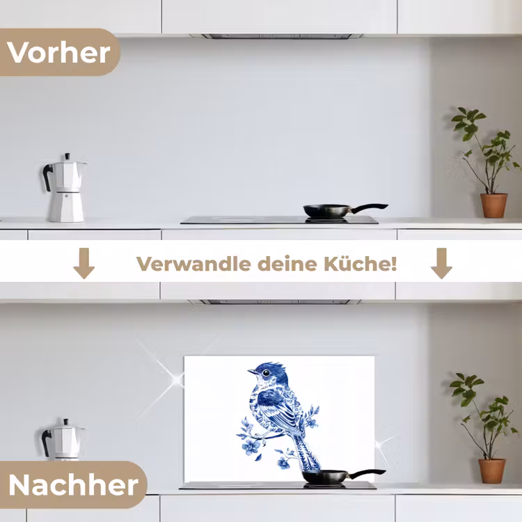 Spritzschutz Küche - Vogel - Delfter Blau - Illustration - Blumen — 7
