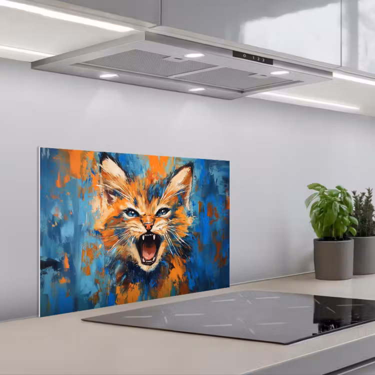 Spritzschutz Küche - Katze - Bunt - Orange - Blau — 1