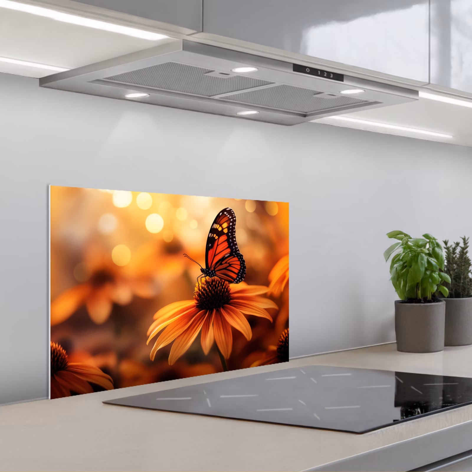 Spritzschutz Küche - Schmetterling - Blumen - Orange — 1
