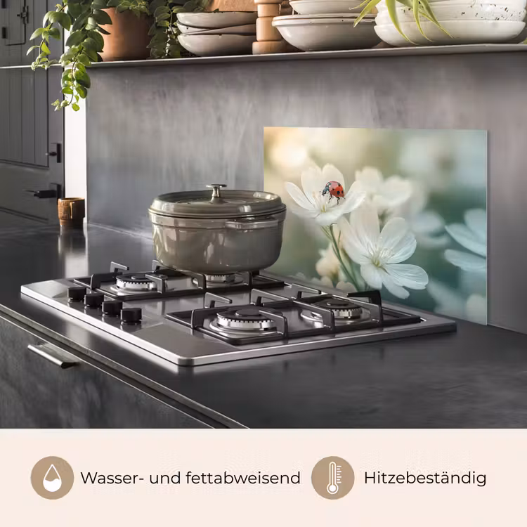Spritzschutz Küche - Marienkäfer - Blumen - Weiß — 2