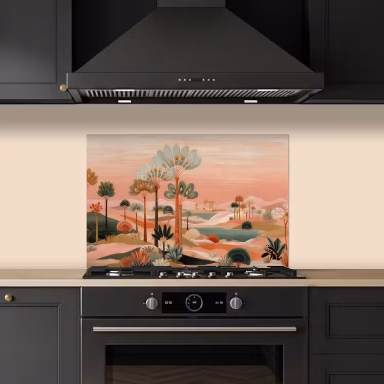 Spritzschutz Küche - Rosa Landschaft - Palmen - Wasser — 5