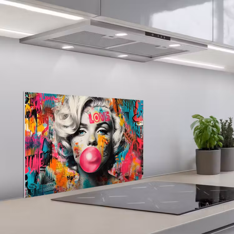 Spritzschutz Küche - Frau - Kaugummi - Graffiti - Neonfarben — 1