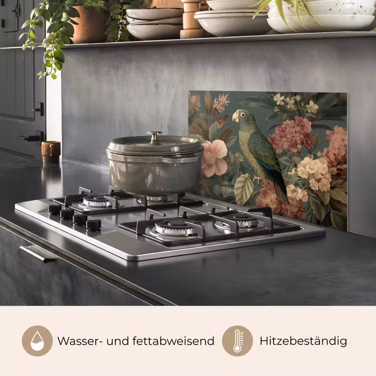 Spritzschutz Küche - Grüner Papagei - Bunte Blumen - Dunkler Hintergrund — 2