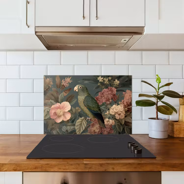 Spritzschutz Küche - Grüner Papagei - Bunte Blumen - Dunkler Hintergrund — 3
