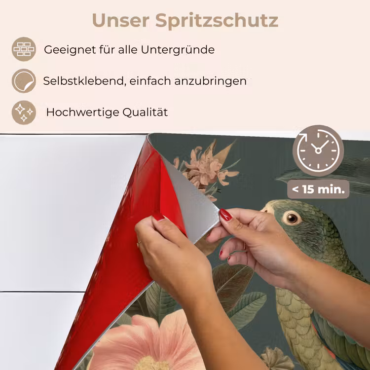 Spritzschutz Küche - Grüner Papagei - Bunte Blumen - Dunkler Hintergrund — 4