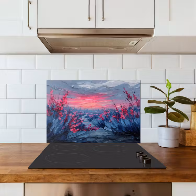 Spritzschutz Küche - Gemälde - Sonnenuntergang - Blumen - Fluss — 3