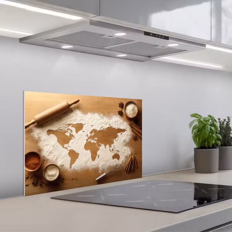 Spritzschutz Küche - Holz - Weltkarte - Backen - Küche — 1