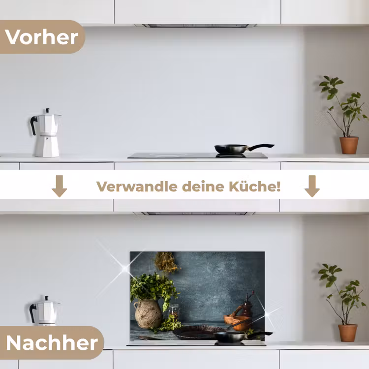 Spritzschutz Küche - Kräuter - Gewürze - Pfanne - Messer - Grau - Rustikal — 7
