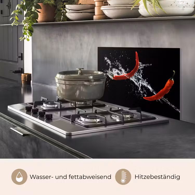 Spritzschutz Küche - Chilischote - Stilleben - Wasser - Schwarz - Rot — 2