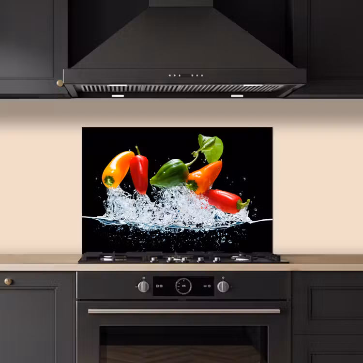 Spritzschutz Küche - Paprika - Schwarz - Gemüse - Wasser - Blatt — 5