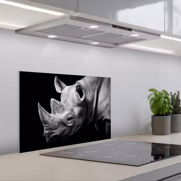 Spritzschutz Küche - Tiere - Nashorn - Schwarz - Weiß - Porträt — 1
