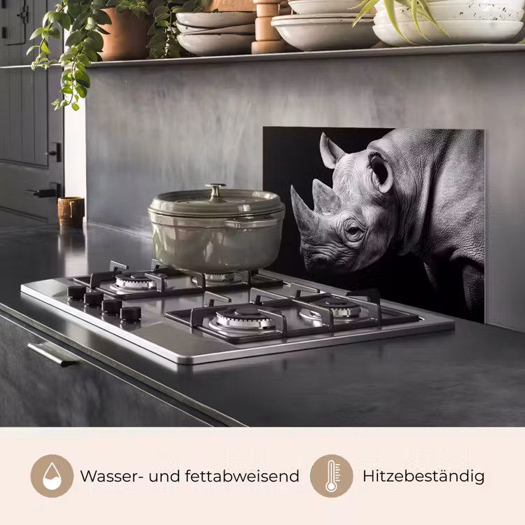 Spritzschutz Küche - Tiere - Nashorn - Schwarz - Weiß - Porträt — 2