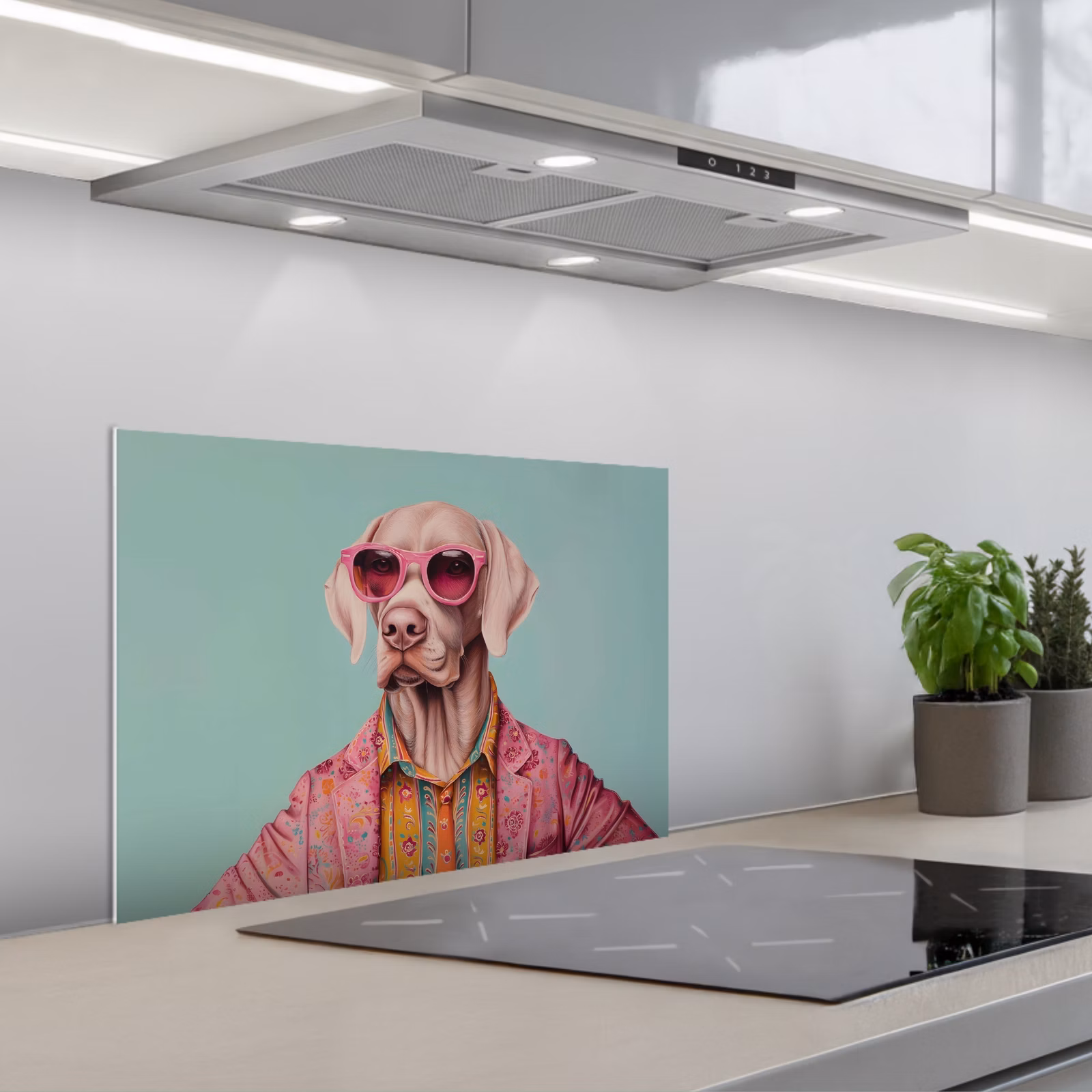 Spritzschutz Küche - Hund - Hemd - Blumen - Brille — 1