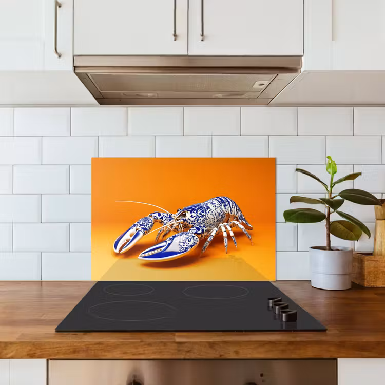 Spritzschutz Küche - Hummer - Delfter Blau - Schild - Hart - Orange — 3