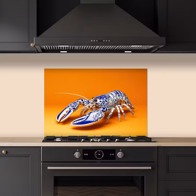 Spritzschutz Küche - Hummer - Delfter Blau - Schild - Hart - Orange — 5