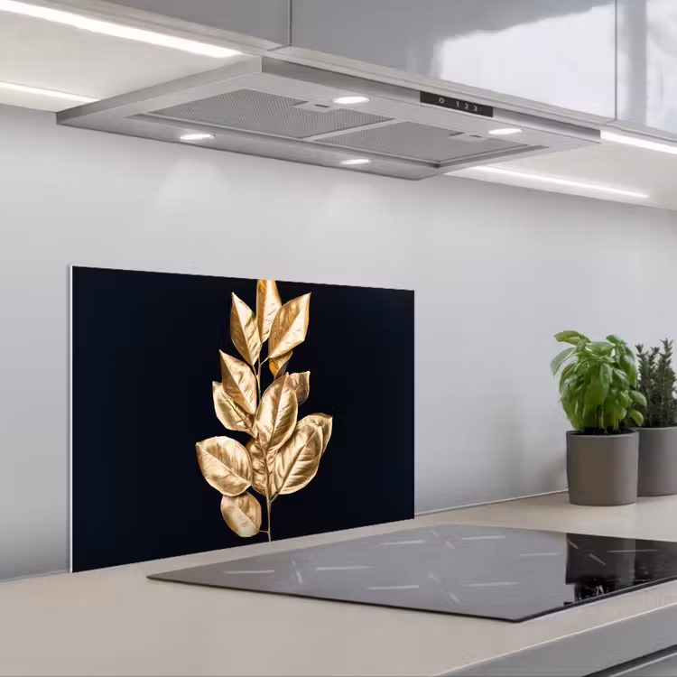 Spritzschutz Küche - Pflanze - Blätter - Gold - Schwarz - Luxus — 1