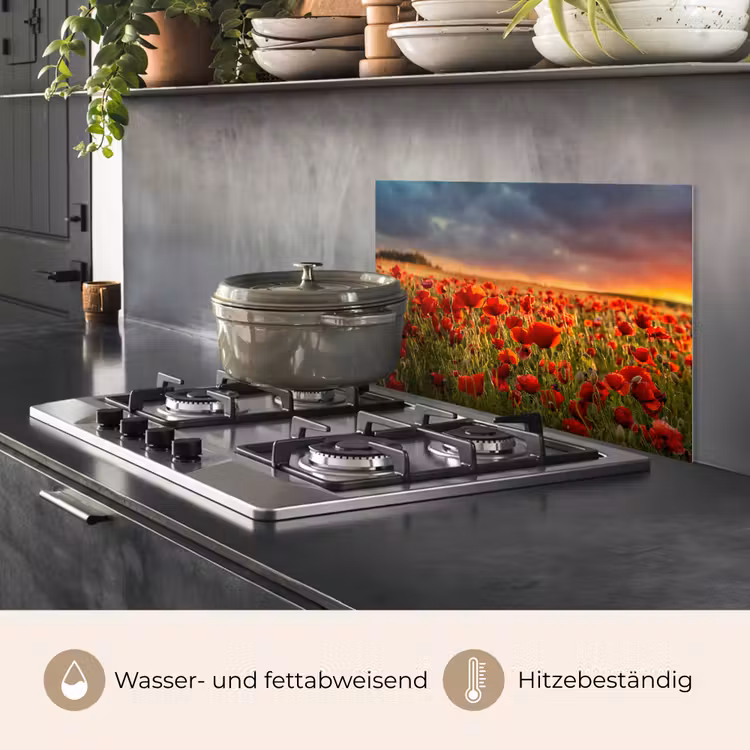 Spritzschutz Küche - Sonnenuntergang - Mohnblumen - Rot - Blumen - Feld - Natur — 2
