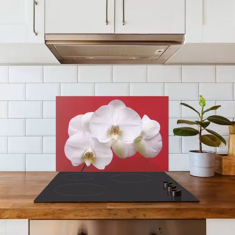 Spritzschutz Küche - Weiße Orchidee auf Rot — 3