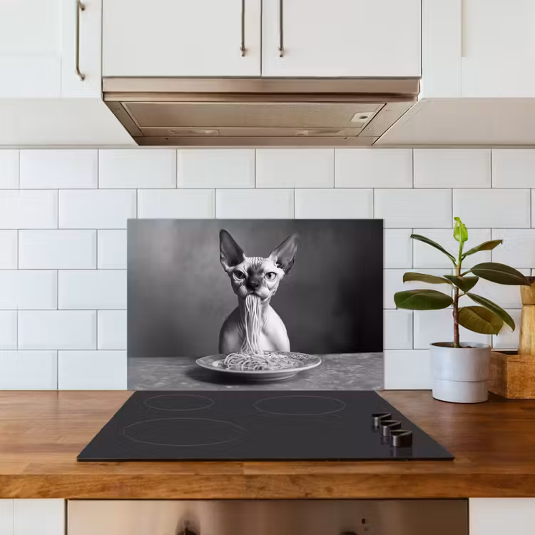 Spritzschutz Küche - Sphynx - Katze - Tiere - Humor - Spaghetti - Schwarz und Weiß — 3