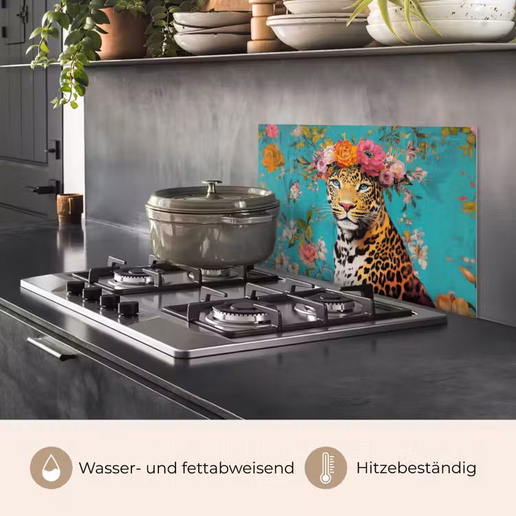Spritzschutz Küche - Leopard - Blumen - Krone — 2