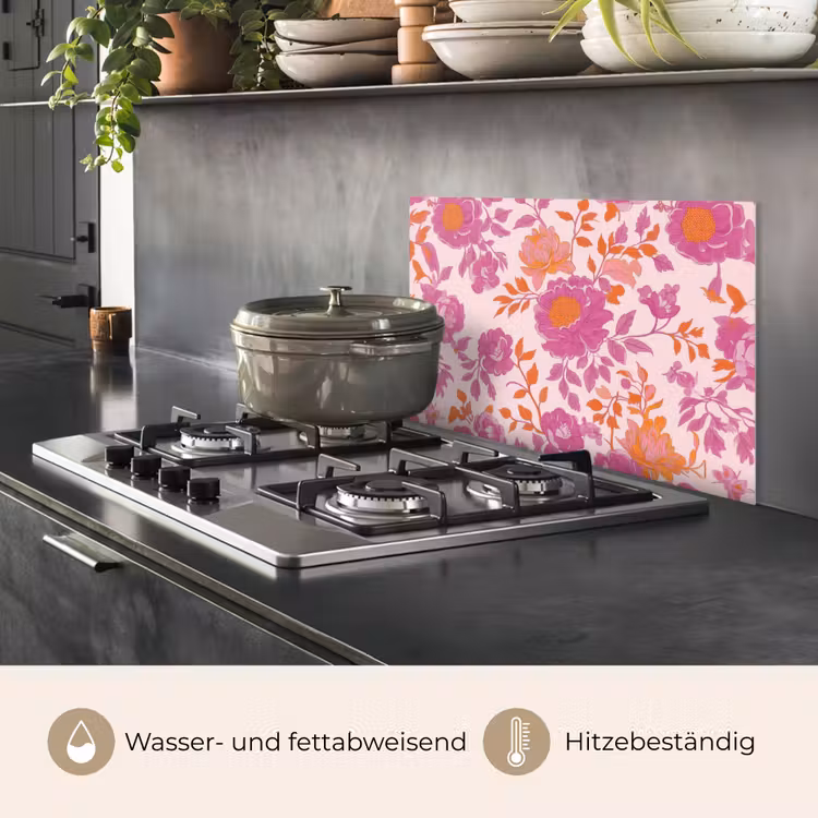 Spritzschutz Küche - Florales Muster - Rosa - Orange - Blumen — 2