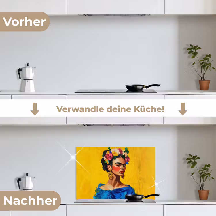 Spritzschutz Küche - Frida Kahlo - Frau - Gelb - Blau - Blumen — 7