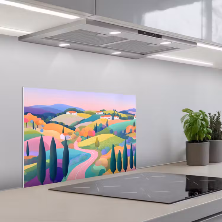 Spritzschutz Küche - Landschaft - Lila - Pastell - Häuser — 1