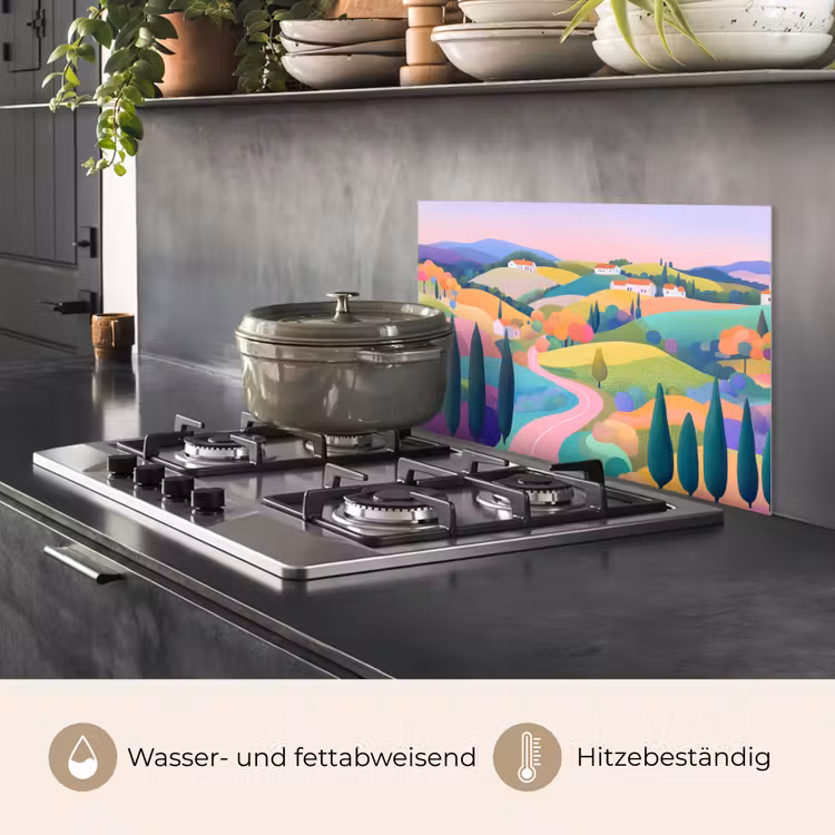 Spritzschutz Küche - Landschaft - Lila - Pastell - Häuser — 2