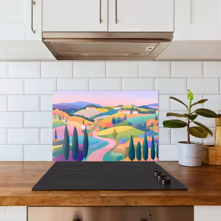 Spritzschutz Küche - Landschaft - Lila - Pastell - Häuser — 3