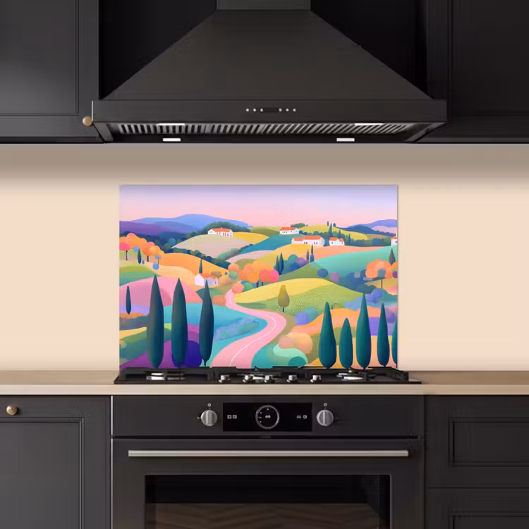Spritzschutz Küche - Landschaft - Lila - Pastell - Häuser — 5