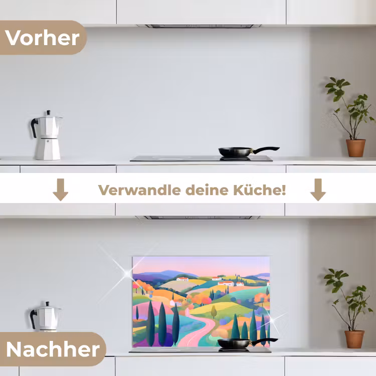 Spritzschutz Küche - Landschaft - Lila - Pastell - Häuser — 7